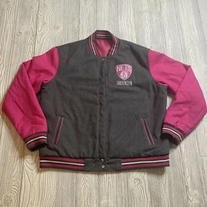 JH Design Brooklyn Nets Reversible Jacket Mens 3XL Pink Snap Varsity Satin Wool